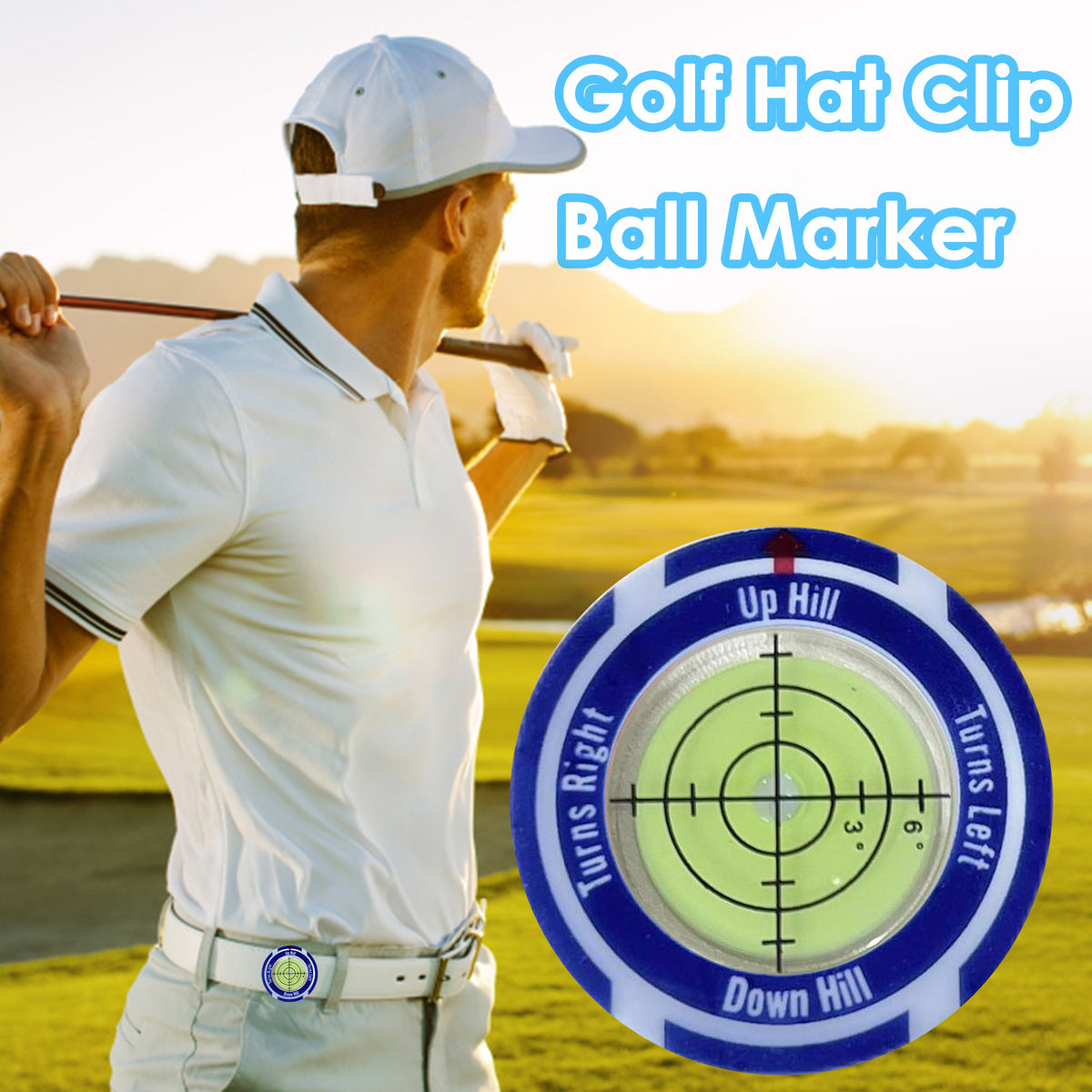 Slope Reader Hat Clip Ball Marker in blue clipped to a golfer's cap