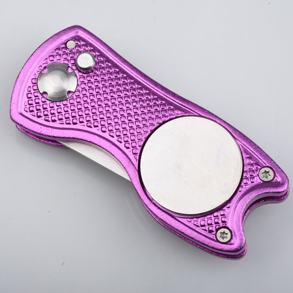 Divot Repair Tool with Ball Marker in purple, aluminum handle with magnetic ball marker