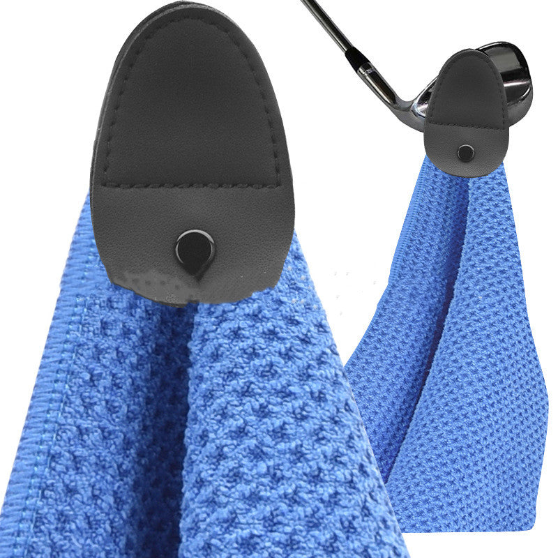 Golf Microfiber Waffle Towel in blue with snap-tab hanger hooked over a club