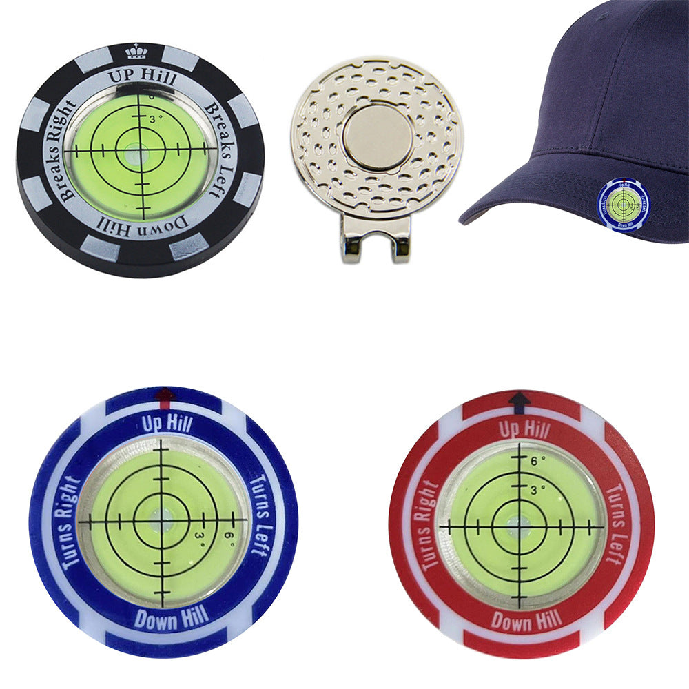 Slope Reader Hat Clip Ball Markers in black, blue and red, one clipped to a navy cap