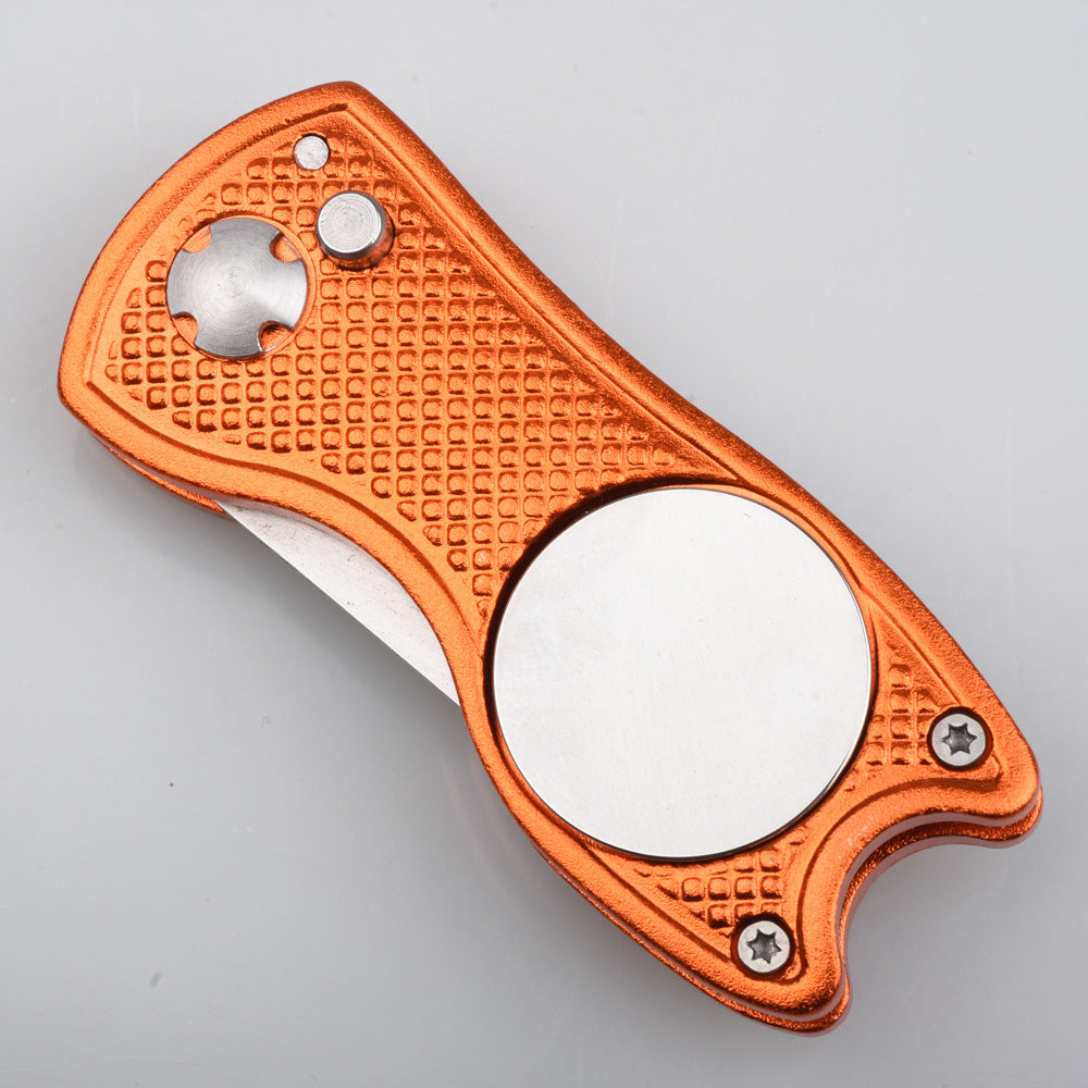 Divot Repair Tool with Ball Marker in orange, aluminum handle with magnetic ball marker