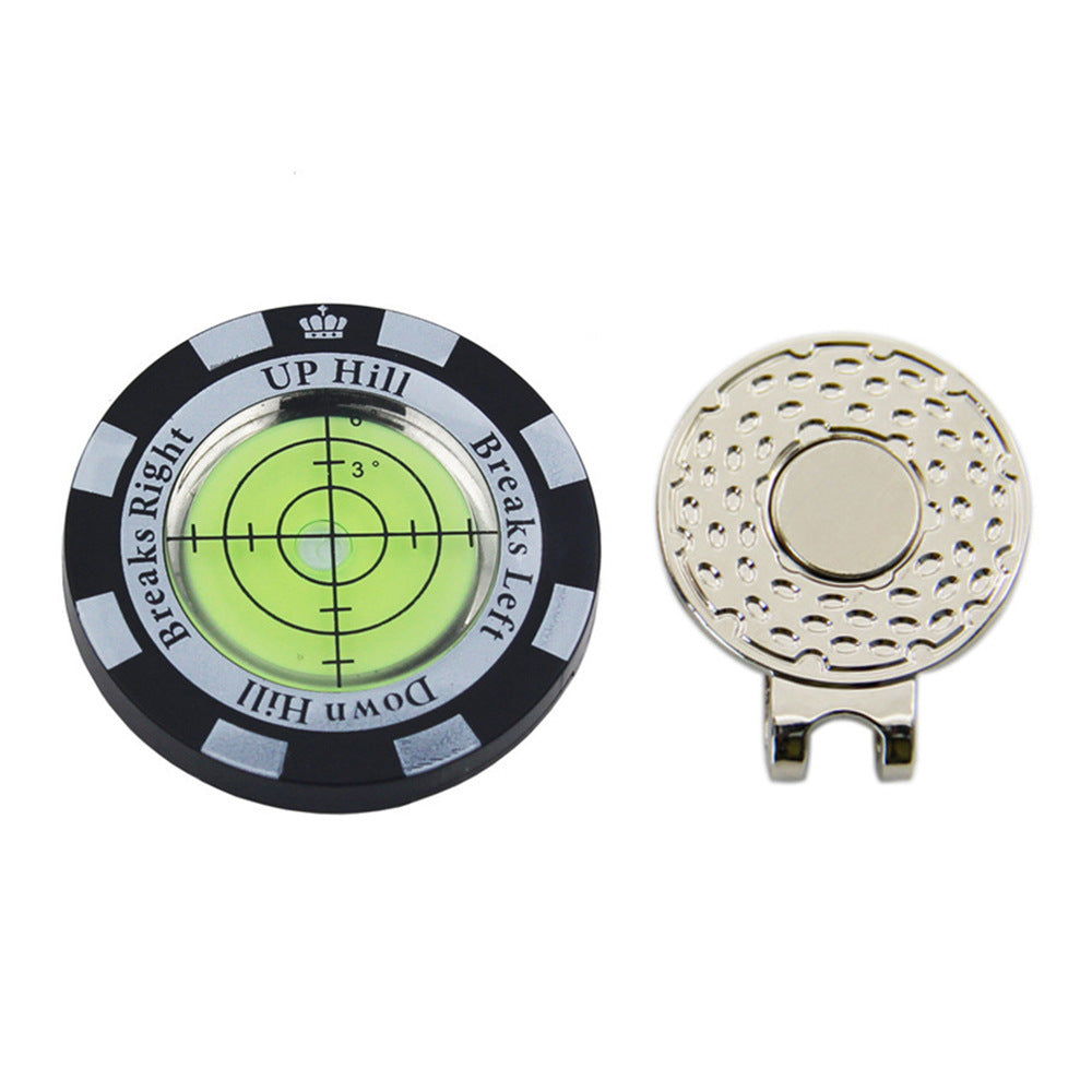 Slope Reader Hat Clip Ball Marker, black shell with green level and magnetic silver hat clip