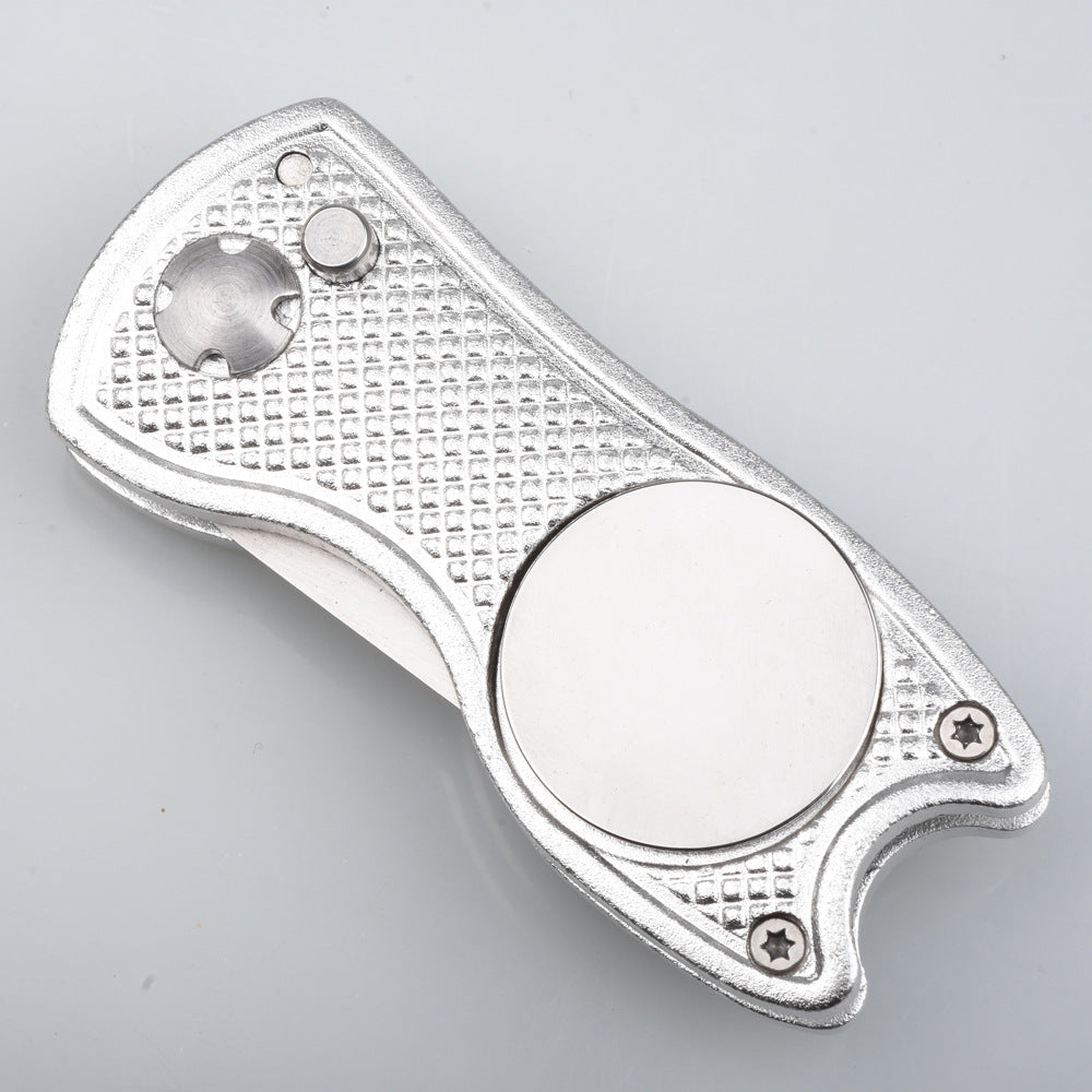 Divot Repair Tool with Ball Marker in silver, aluminum handle with magnetic ball marker