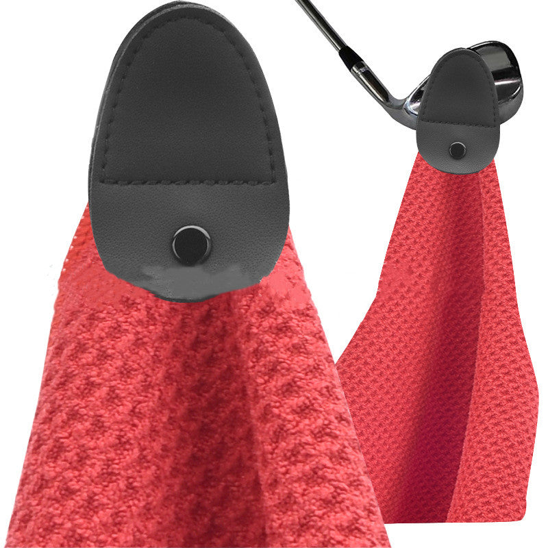 Golf Microfiber Waffle Towel in red with snap-tab hanger hooked over a club