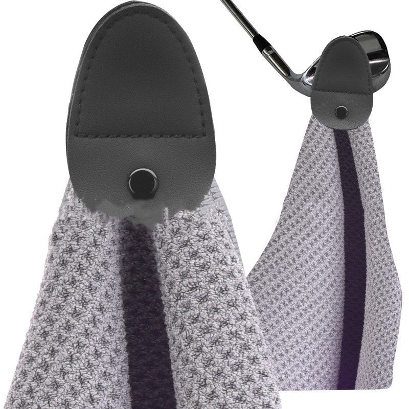 Golf Microfiber Waffle Towel in grey with snap-tab hanger hooked over a club