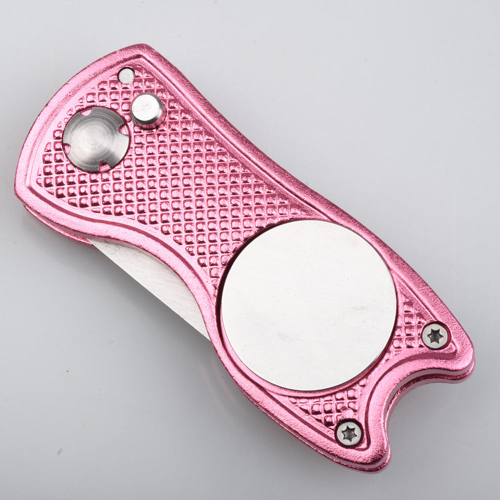 Divot Repair Tool with Ball Marker in pink, aluminum handle with magnetic ball marker