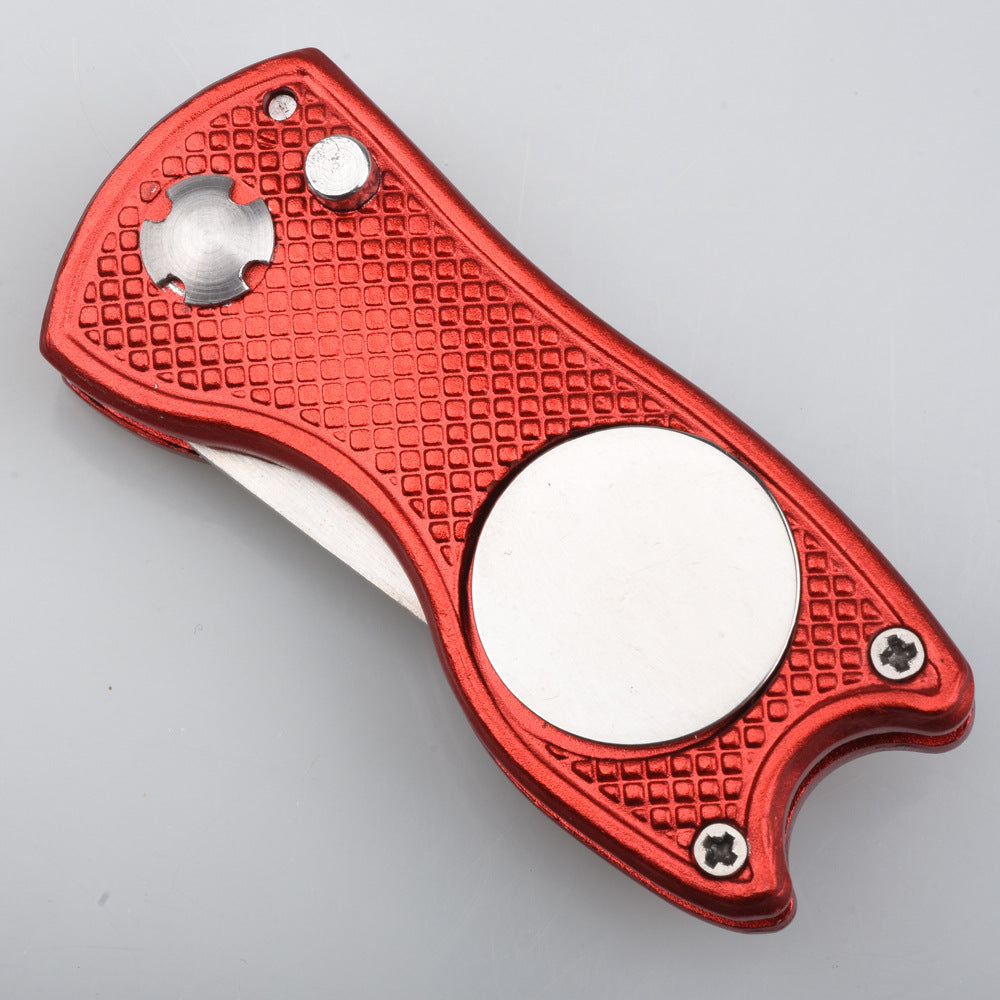 Divot Repair Tool with Ball Marker in red, aluminum handle with magnetic ball marker