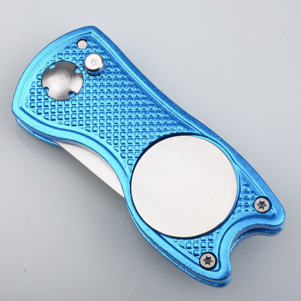 Divot Repair Tool with Ball Marker in blue, aluminum handle with magnetic ball marker
