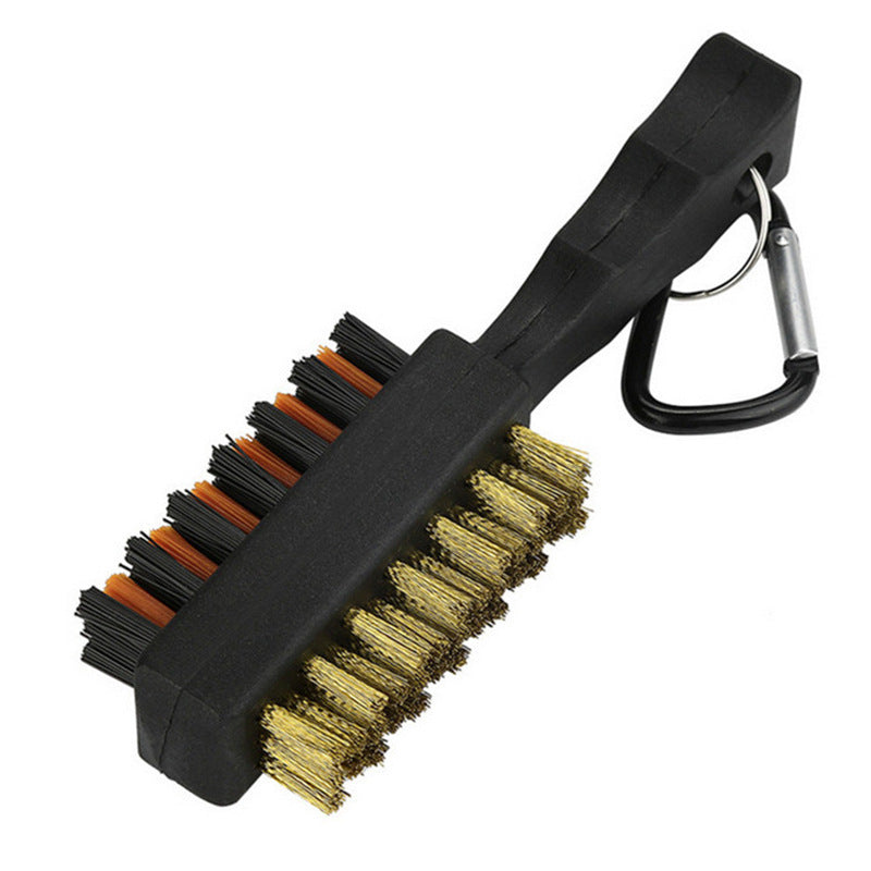 Golf Club Groove Brush in black with orange nylon bristles, brass wire bristles and carabiner clip