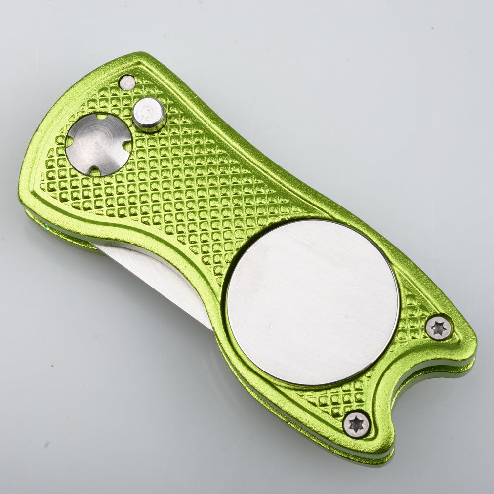 Divot Repair Tool with Ball Marker in lime green, aluminum handle with magnetic ball marker
