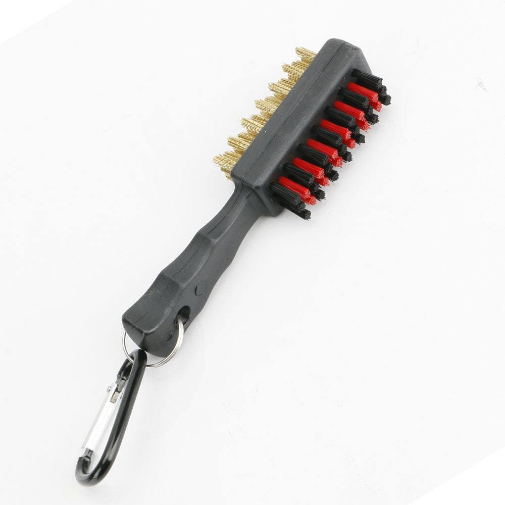 Golf Club Groove Brush in black with red nylon bristles and carabiner clip