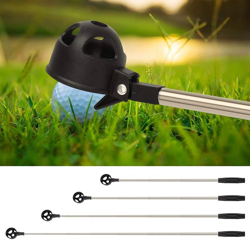 Pocket Golf Ball Retriever scooping a golf ball on the course, shown at four extended lengths