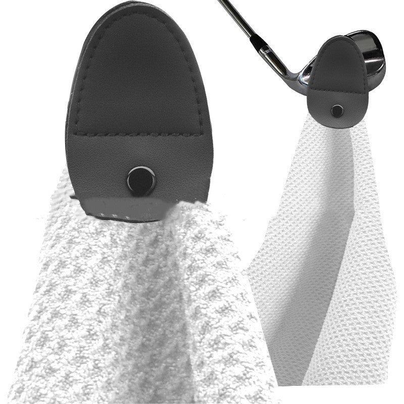 Golf Microfiber Waffle Towel in beige with snap-tab hanger hooked over a club