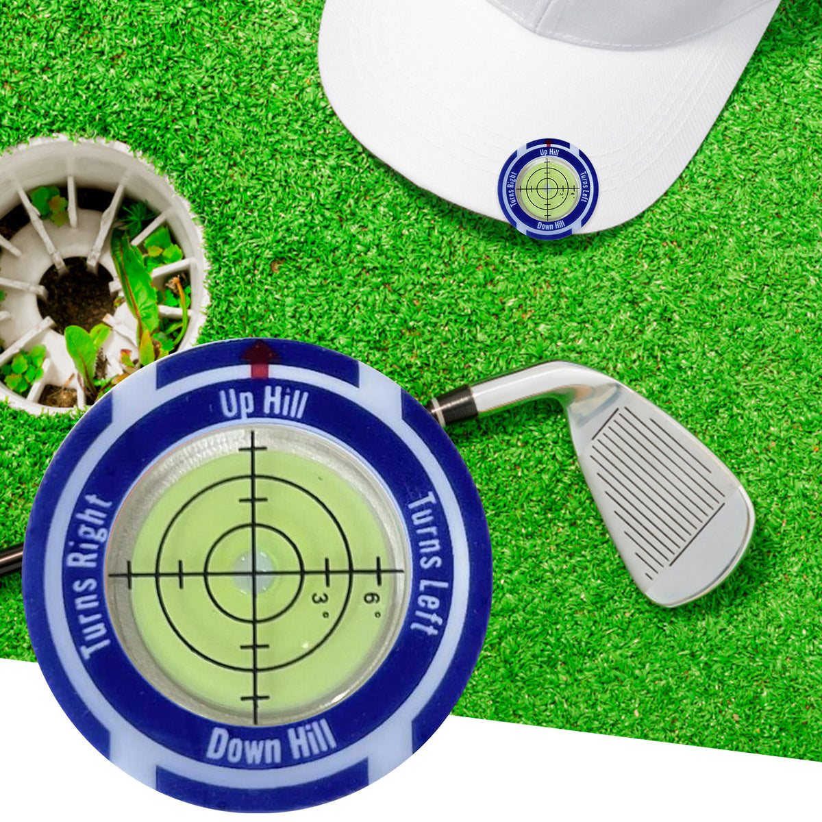 Slope Reader Hat Clip Ball Marker in blue on a cap brim next to the hole