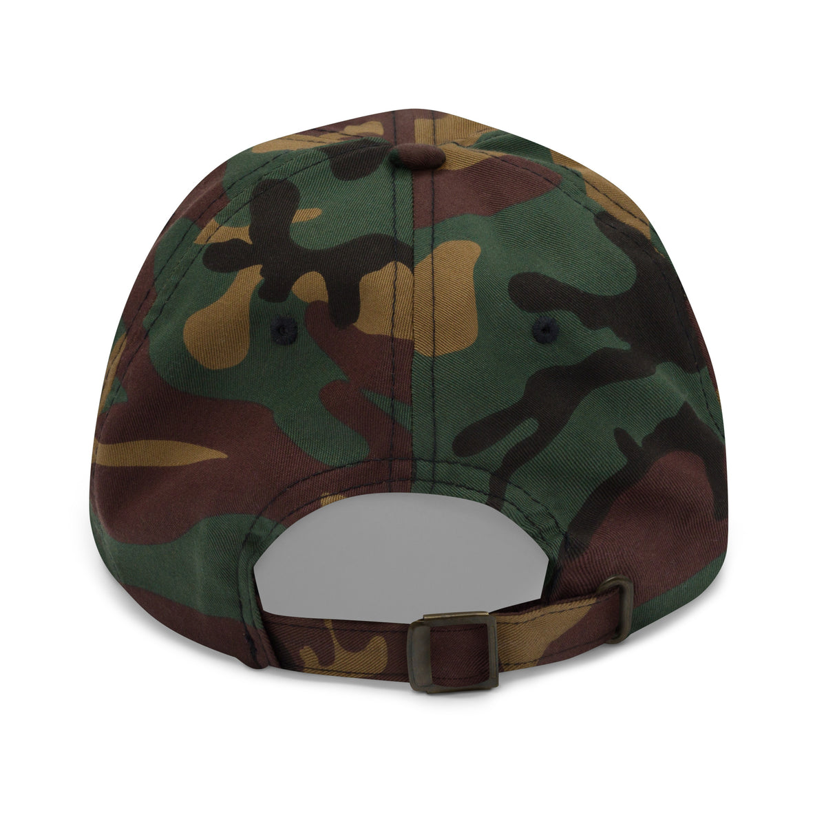 Herman Dad Hat in Green Camo, low-profile golf cap with embroidered Herman Hackit wordmark, back view