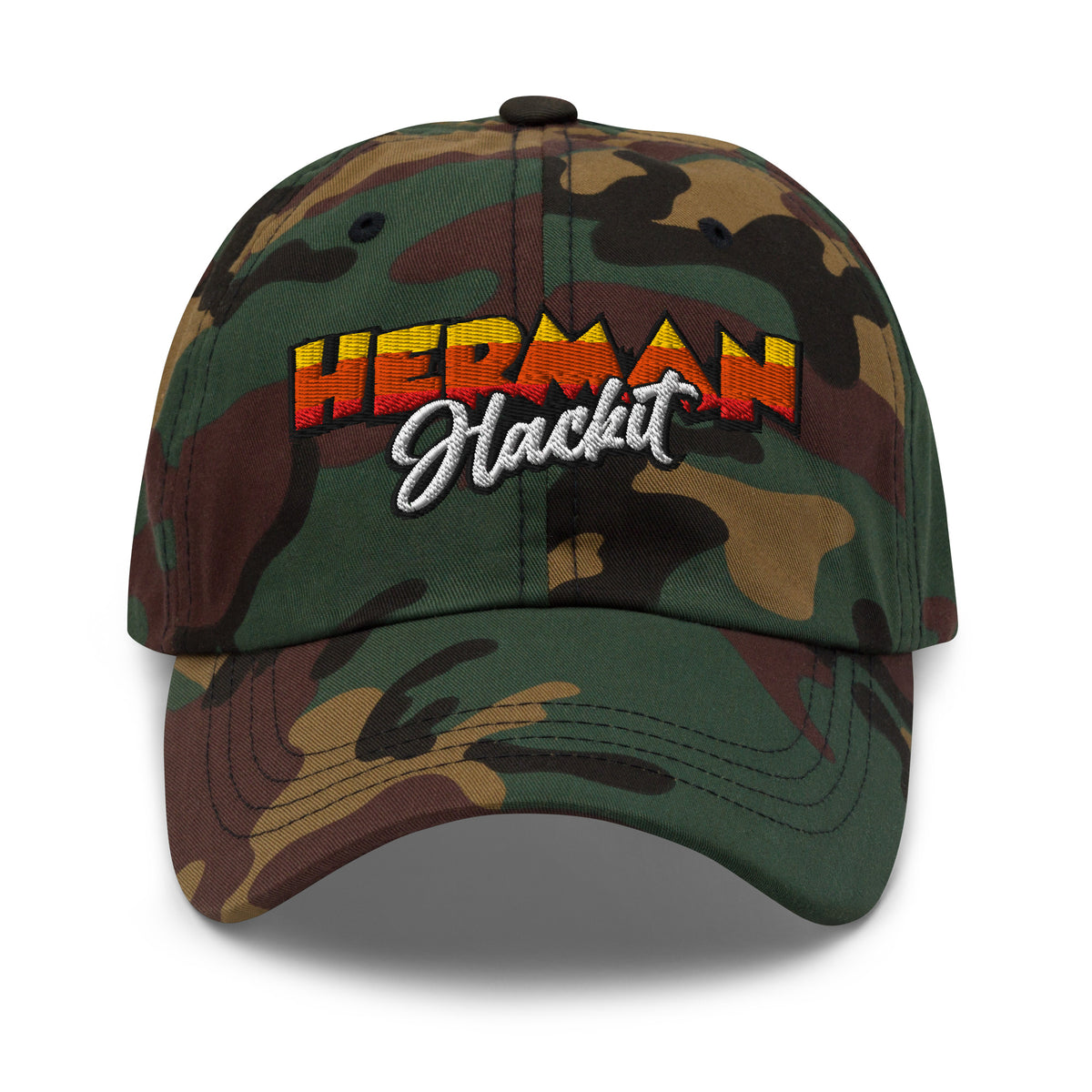 Herman Dad Hat in Green Camo, low-profile golf cap with embroidered Herman Hackit wordmark, front view