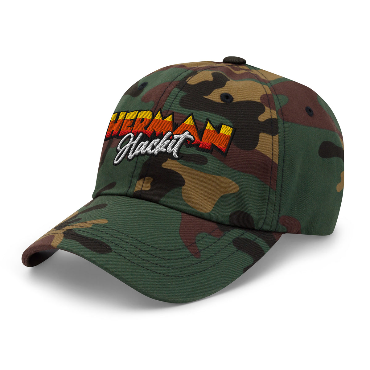 Herman Dad Hat in Green Camo, low-profile golf cap with embroidered Herman Hackit wordmark, left front three-quarter view