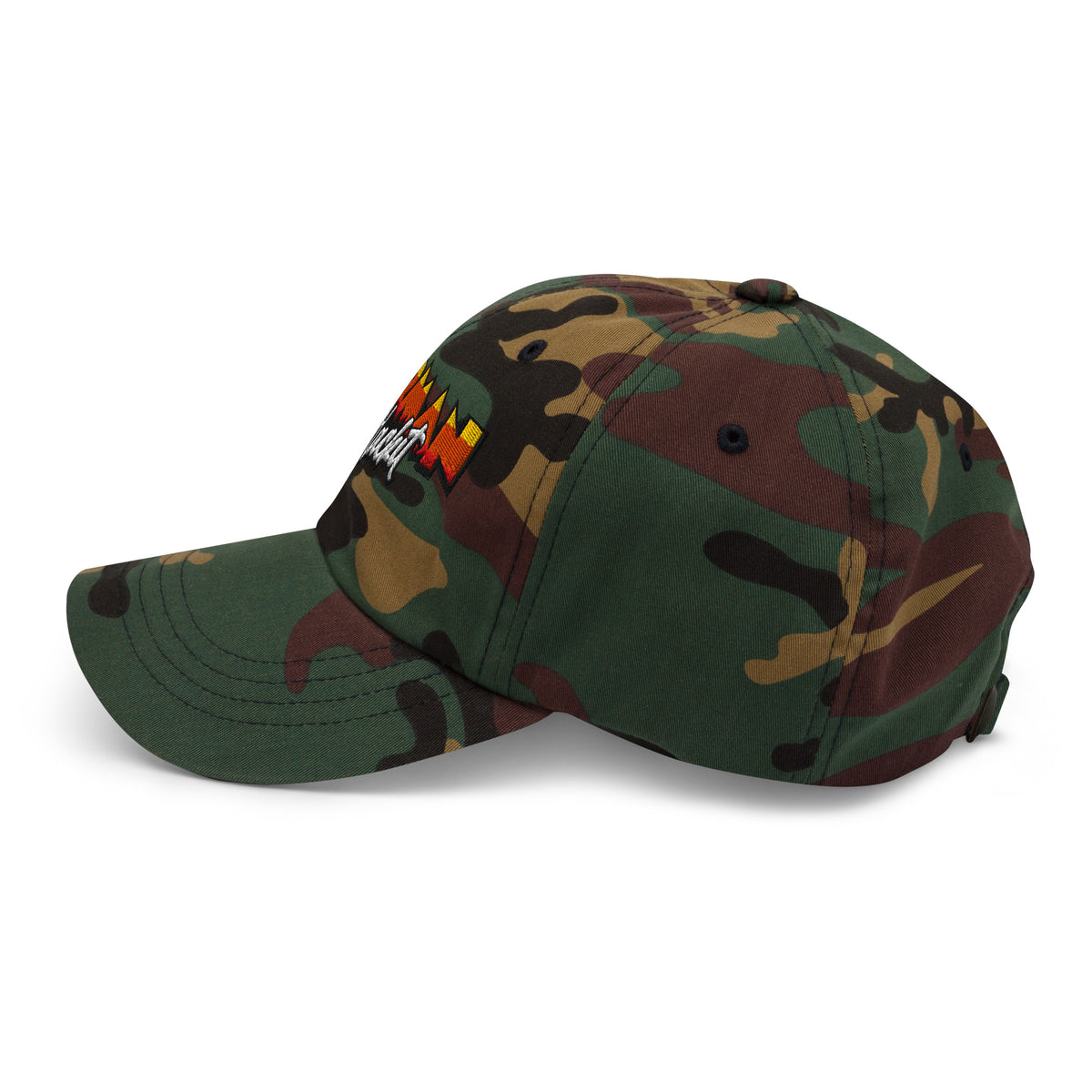 Herman Dad Hat in Green Camo, low-profile golf cap with embroidered Herman Hackit wordmark, left side view