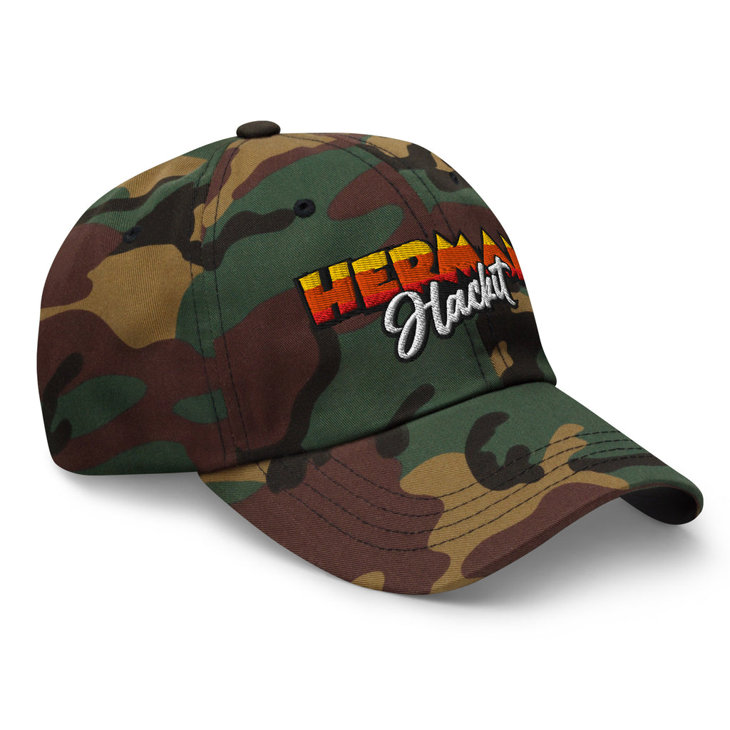 Herman Dad Hat in Green Camo, low-profile golf cap with embroidered Herman Hackit wordmark, right front three-quarter view