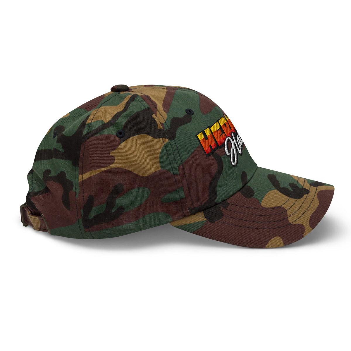 Herman Dad Hat in Green Camo, low-profile golf cap with embroidered Herman Hackit wordmark, right side view