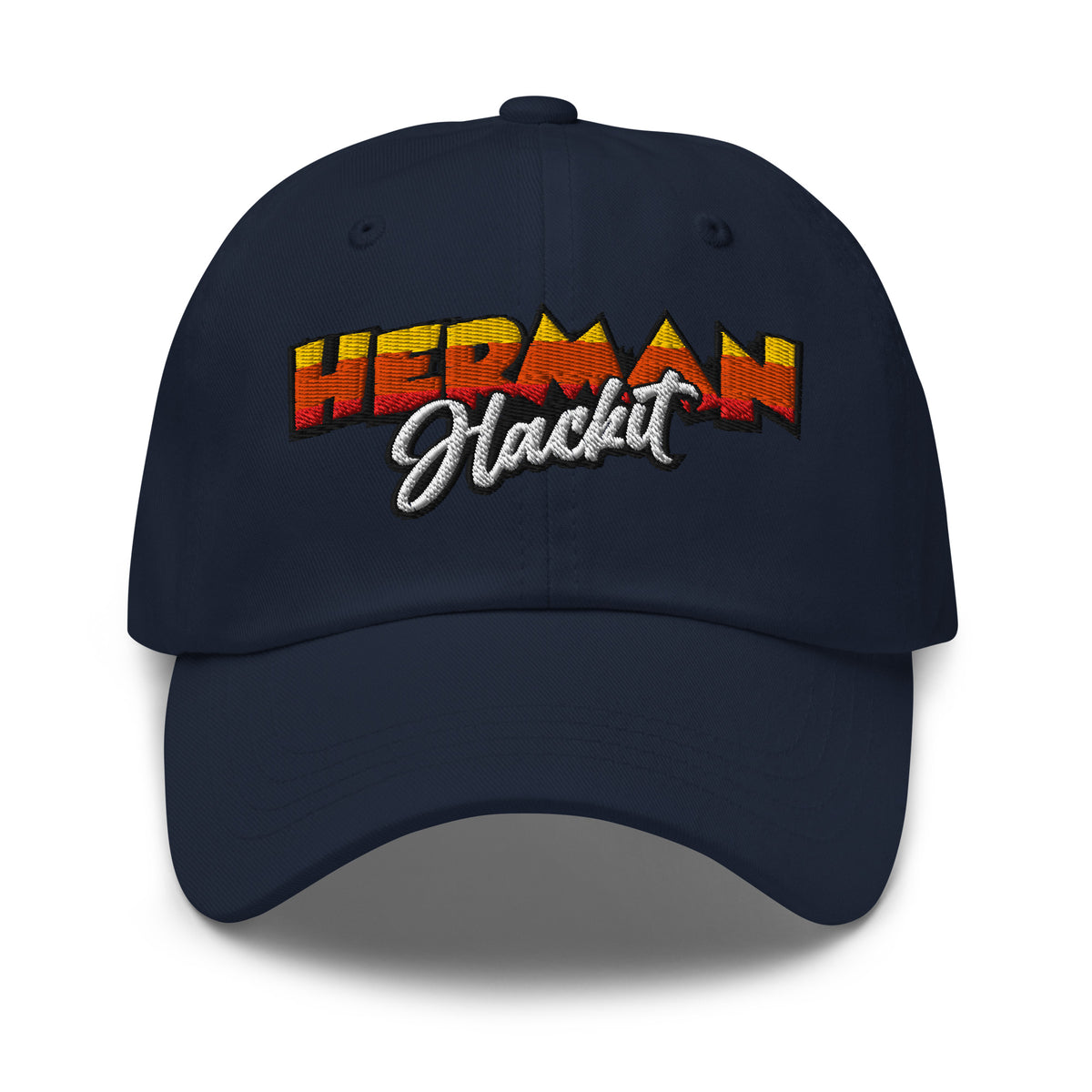 Herman Dad Hat in Navy, low-profile golf cap with embroidered Herman Hackit wordmark, front view