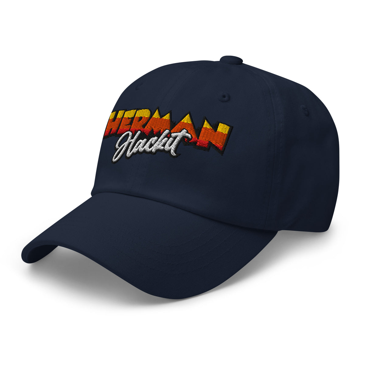 Herman Dad Hat in Navy, low-profile golf cap with embroidered Herman Hackit wordmark, left front three-quarter view