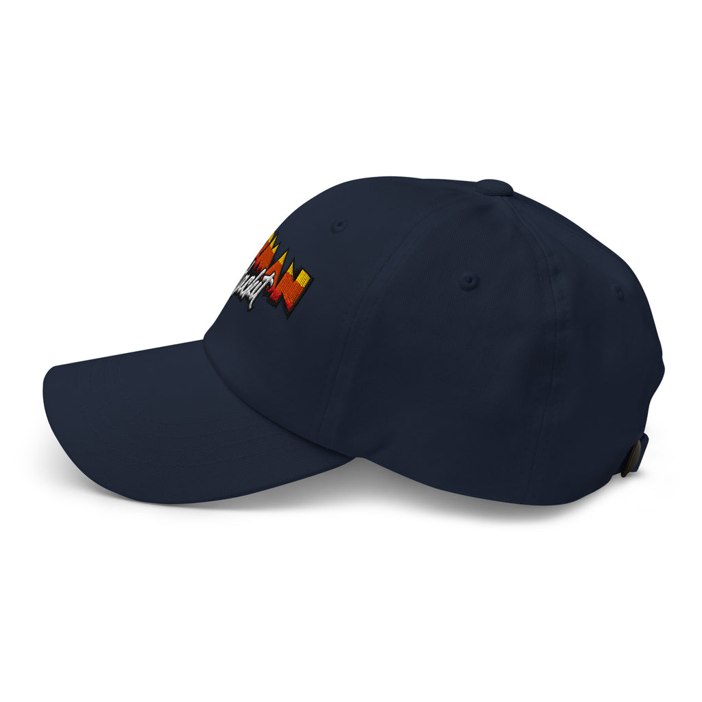 Herman Dad Hat in Navy, low-profile golf cap with embroidered Herman Hackit wordmark, left side view