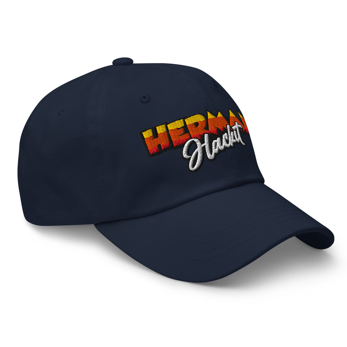 Herman Dad Hat in Navy, low-profile golf cap with embroidered Herman Hackit wordmark, right front three-quarter view