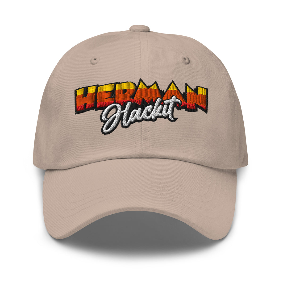 Herman Dad Hat in Stone, low-profile golf cap with embroidered Herman Hackit wordmark, front view