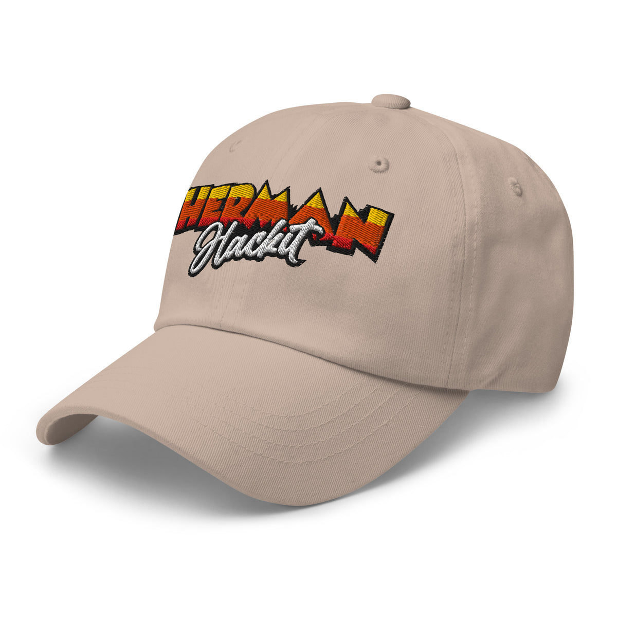 Herman Dad Hat in Stone, low-profile golf cap with embroidered Herman Hackit wordmark, left front three-quarter view