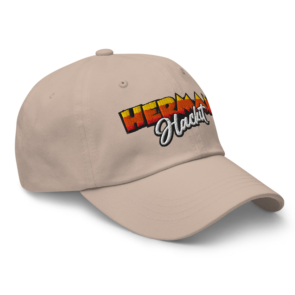 Herman Dad Hat in Stone, low-profile golf cap with embroidered Herman Hackit wordmark, right front three-quarter view