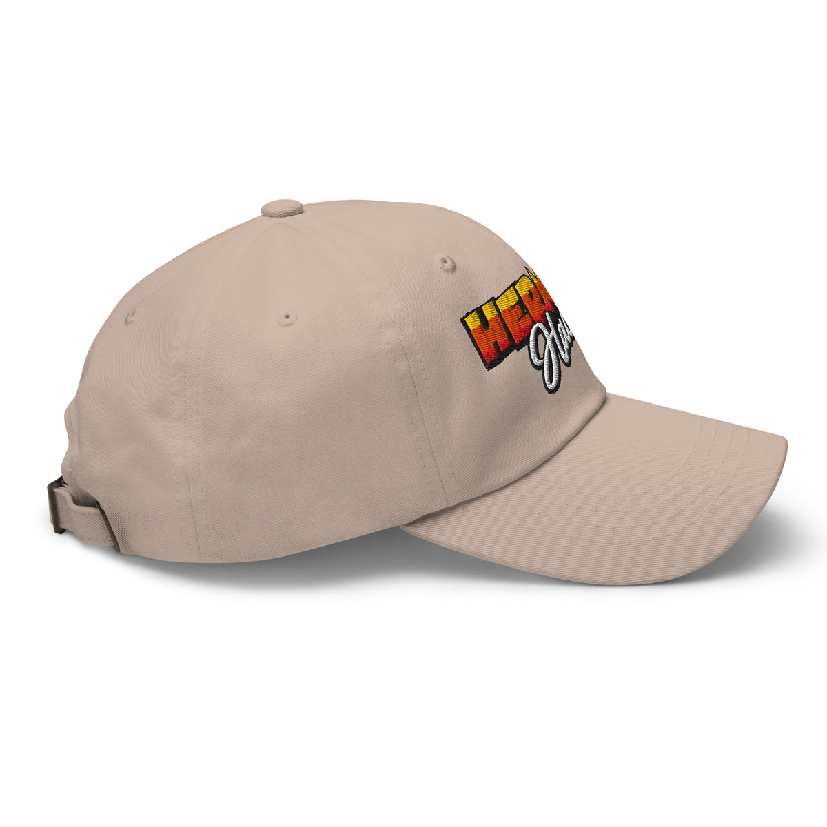 Herman Dad Hat in Stone, low-profile golf cap with embroidered Herman Hackit wordmark, right side view