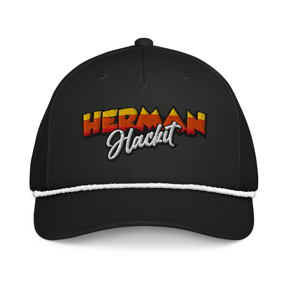 Out of the Weeds Rope Hat in Black with white rope and embroidered Herman Hackit wordmark, front view