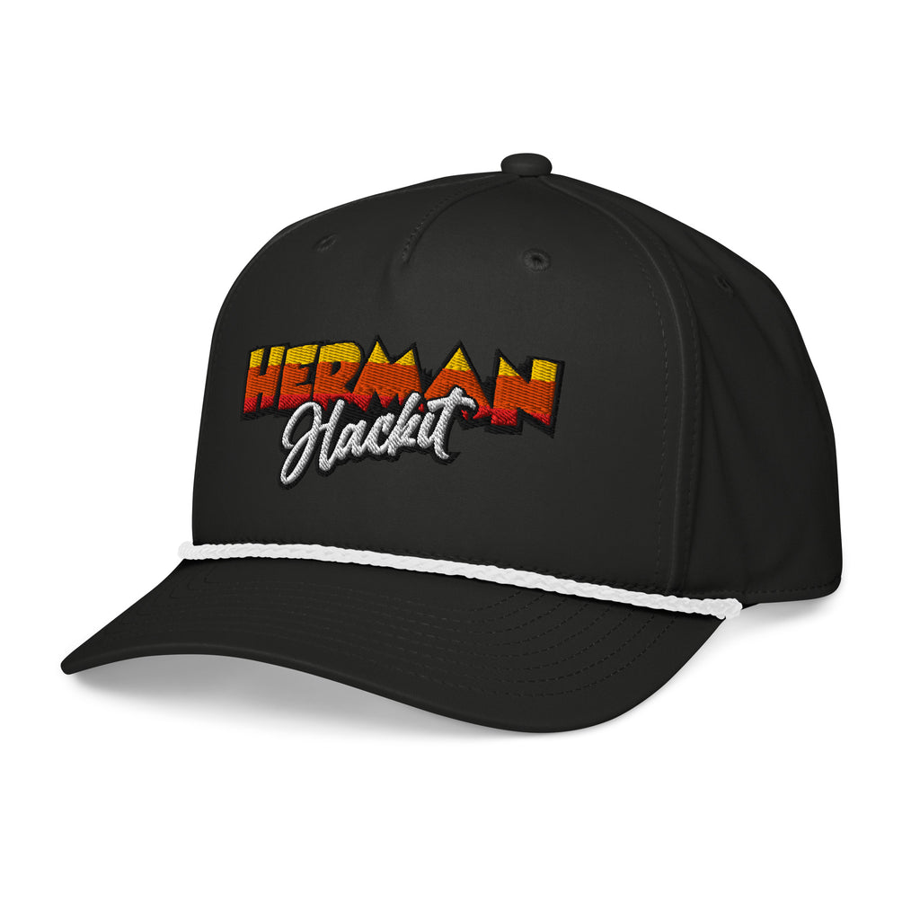 Out of the Weeds Rope Hat in Black with white rope and embroidered Herman Hackit wordmark, left front three-quarter view