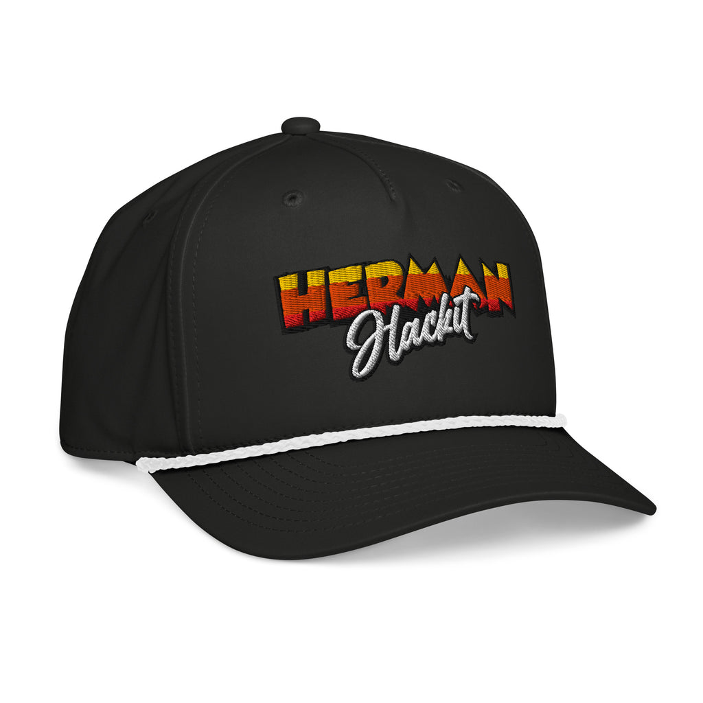 Out of the Weeds Rope Hat in Black with white rope and embroidered Herman Hackit wordmark, right front three-quarter view
