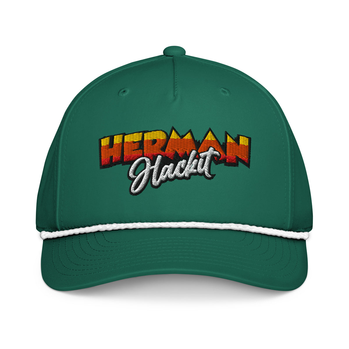 Out of the Weeds Rope Hat in Kelly Green with white rope and embroidered Herman Hackit wordmark, front view