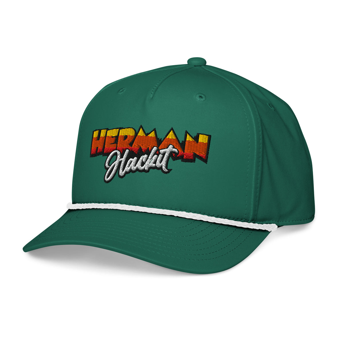 Out of the Weeds Rope Hat in Kelly Green with white rope and embroidered Herman Hackit wordmark, left front three-quarter view
