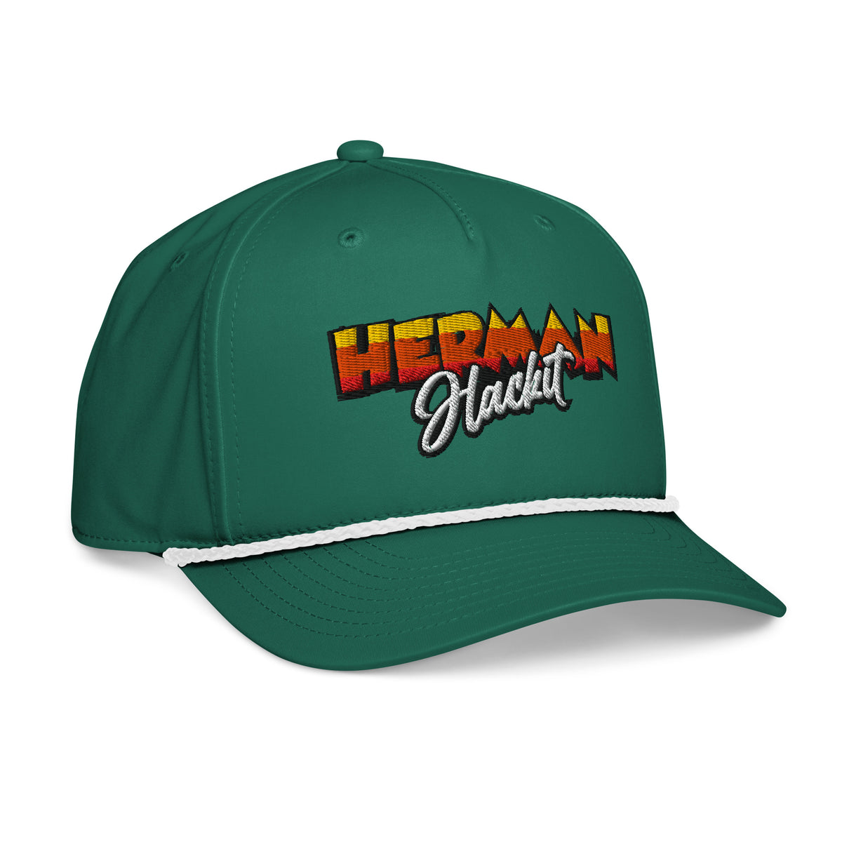 Out of the Weeds Rope Hat in Kelly Green with white rope and embroidered Herman Hackit wordmark, right front three-quarter view