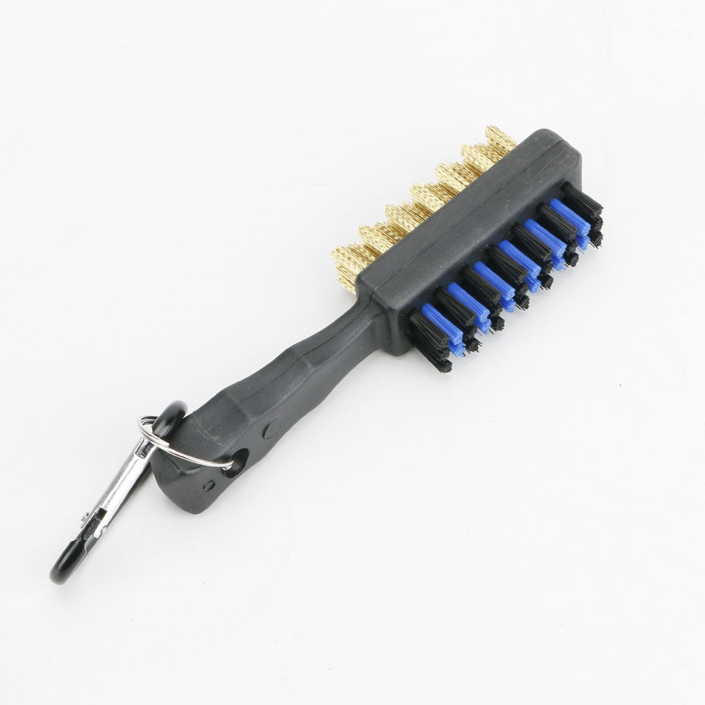 Golf Club Groove Brush in black with dark blue nylon bristles and carabiner clip