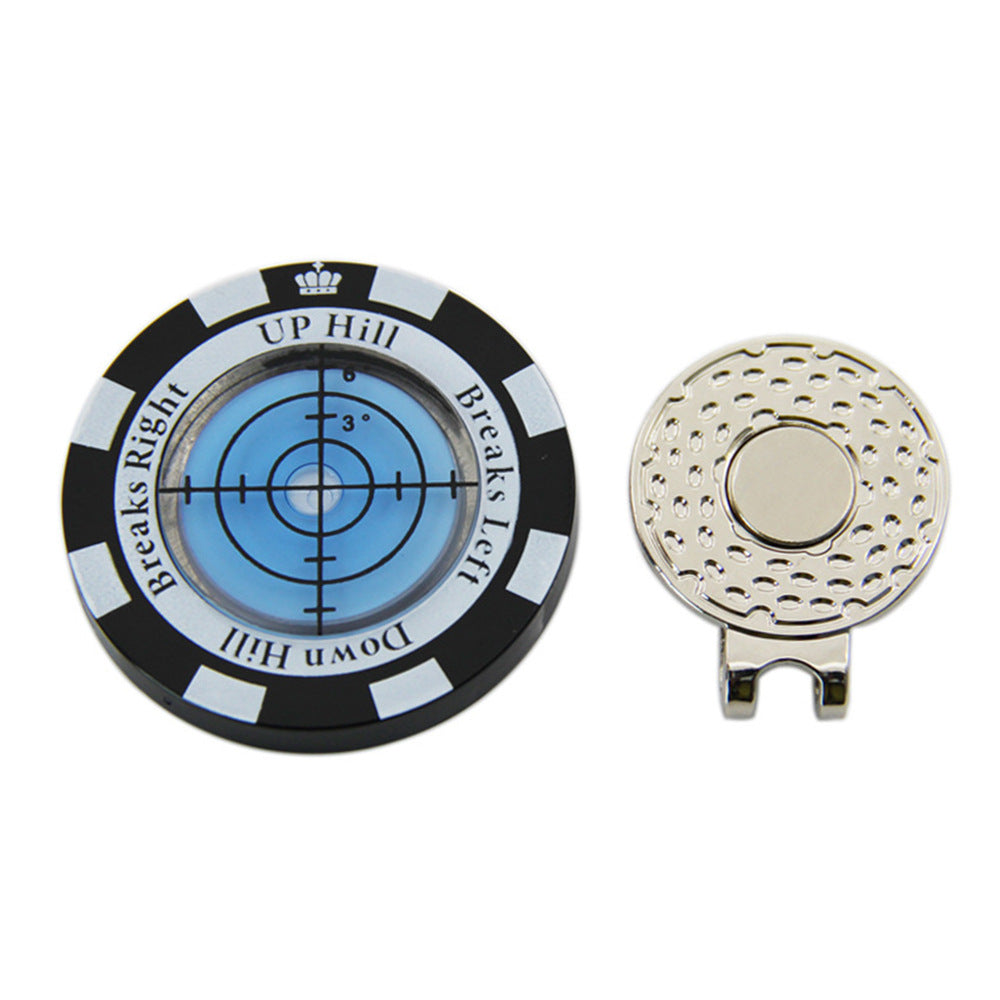 Slope Reader Hat Clip Ball Marker, black shell with blue level and magnetic hat clip