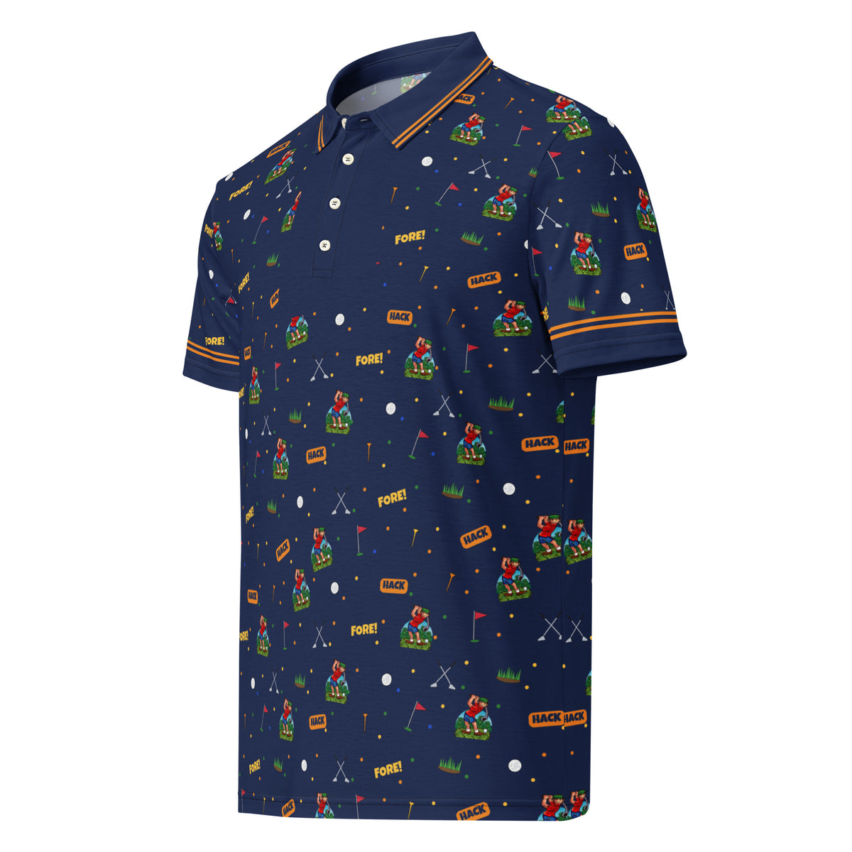 Hack Pack All-Over Print Polo, navy golf polo covered in tiny Hermans, golf balls, tees and flags, front view