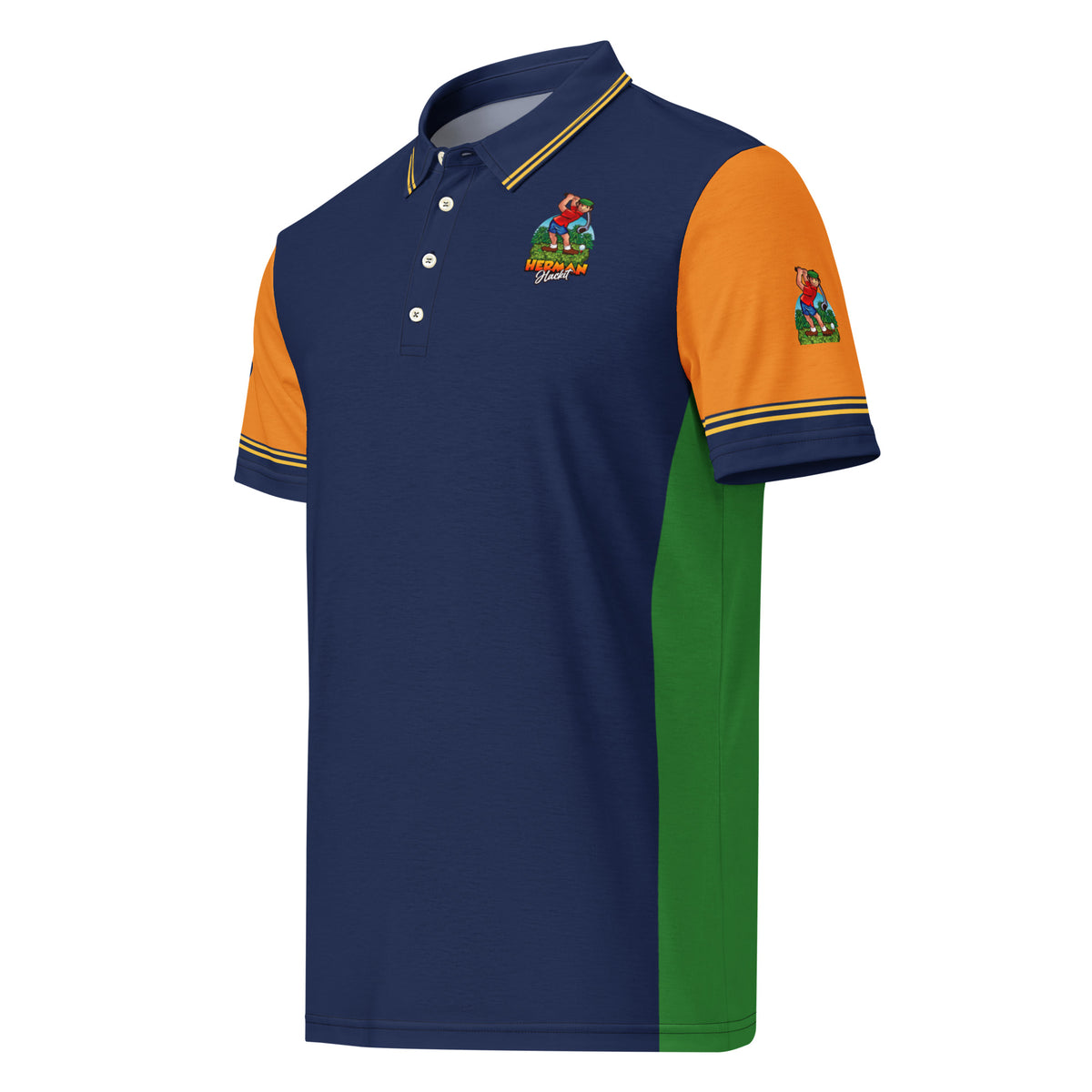 Clubhouse Color-Block Polo, navy golf polo with orange sleeves, green side panels and Herman on the chest, front view