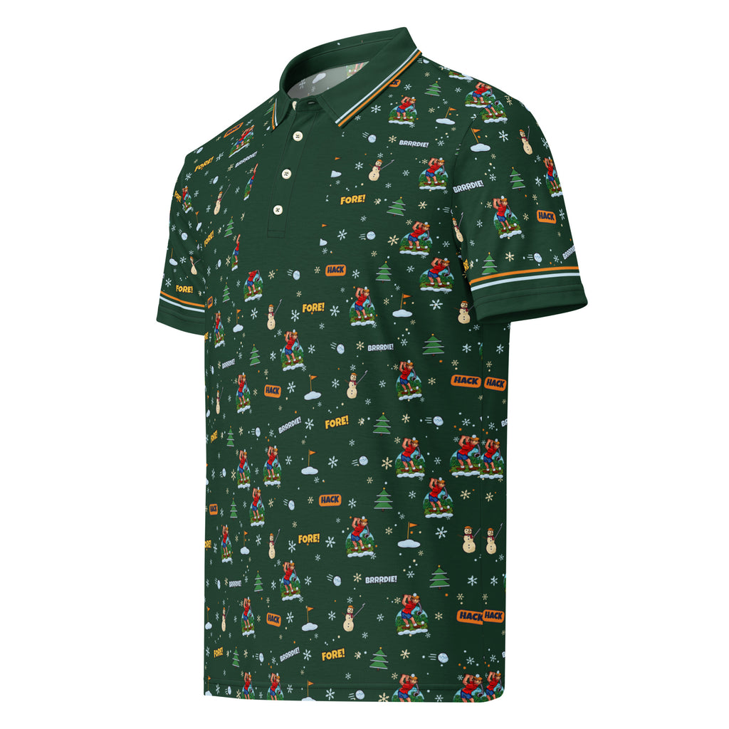Snowed In Hack Pack Polo, pine green all-over print with Herman, snowmen, pine trees and snowball golf balls, front view