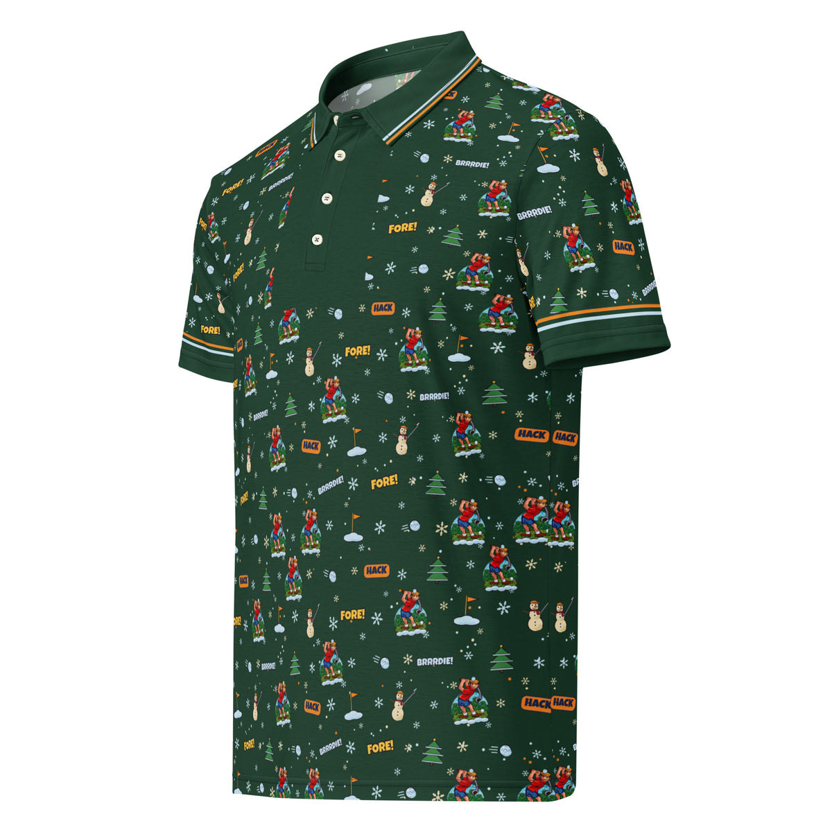 Snowed In Hack Pack Polo, pine green all-over print with Herman, snowmen, pine trees and snowball golf balls, front view