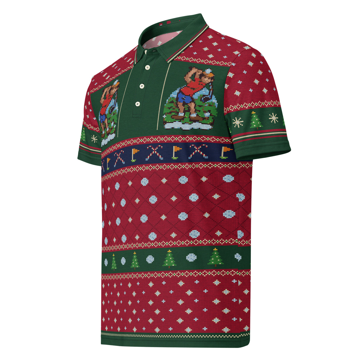 Merry Hackmas Ugly Sweater Polo, red knit-look golf polo with Herman on the chest and a candy-cane clubs band, front view