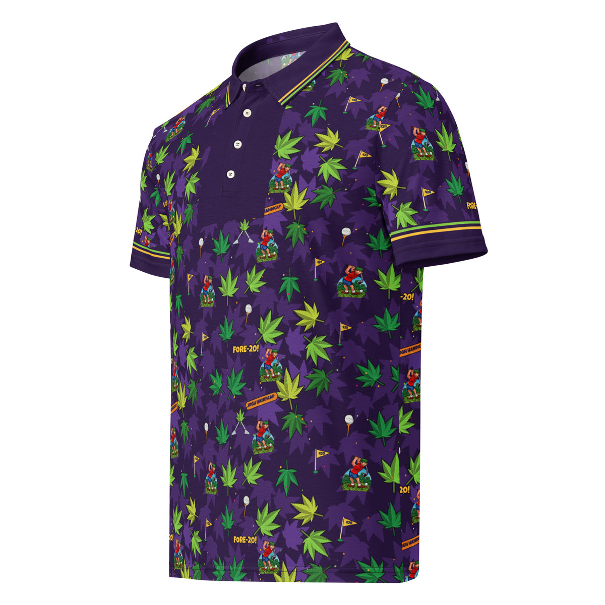 Blazed Fairways Polo, deep purple all-over print with lime and gold cannabis leaves, Herman swinging, 420 pin flags and FORE-20!, front view