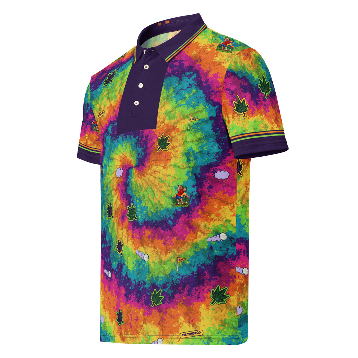 Hazy Back Nine Polo, rainbow spiral tie-dye golf polo with cannabis leaves, Herman swinging, 420 pin flags and haze-trail golf balls, deep purple collar, front view