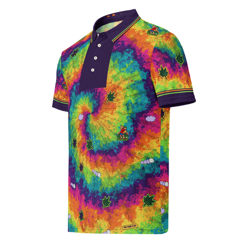 Hazy Back Nine Polo, rainbow spiral tie-dye golf polo with cannabis leaves, Herman swinging, 420 pin flags and haze-trail golf balls, deep purple collar, front view