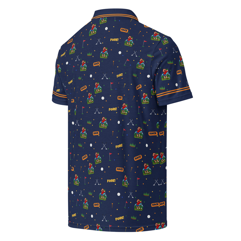 Hack Pack All-Over Print Polo, navy all-over print golf polo with Herman pattern, back view