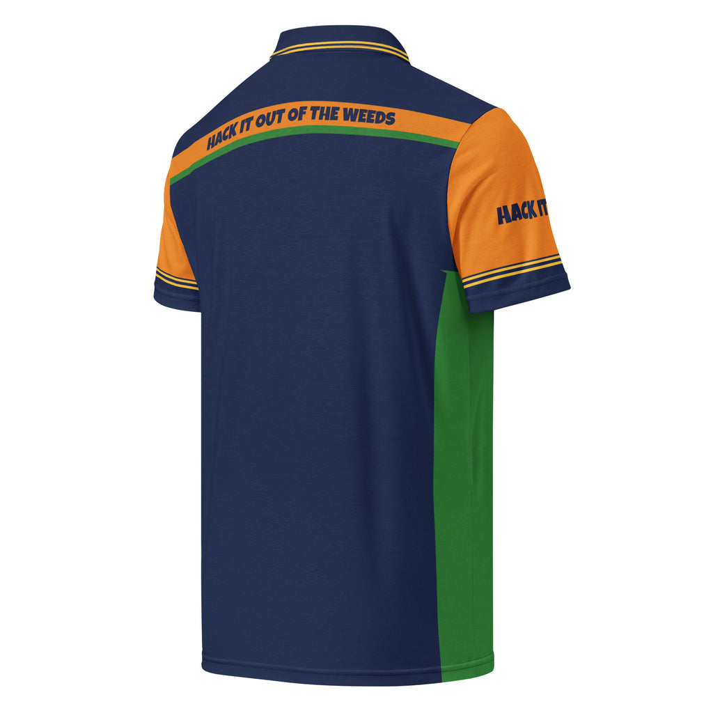 Clubhouse Color-Block Polo, navy, orange and green golf polo with Hack it out of the weeds across the back shoulders, back view